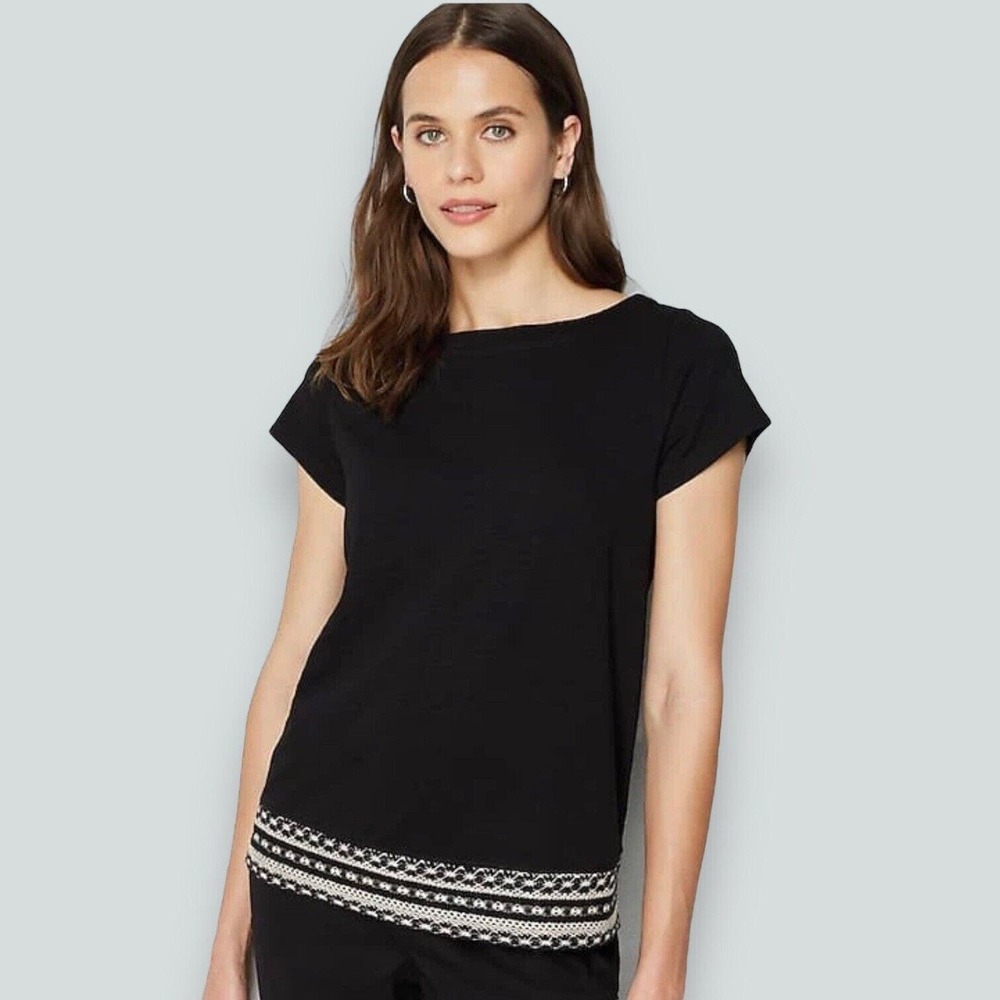 J. Jill Women's Round Neck Crochet-Trimmed Blouse Short Sleeve Black Size Medium